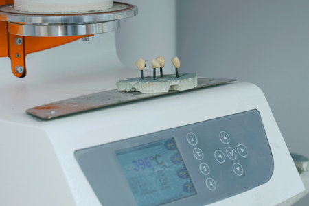Press oven machine for denture production in the stomatology laboratory. Orthodontology