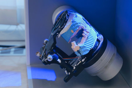 Scanning a denture in a dental laboratory to reproduce the patient's oral anatomy. Dental equipment, laboratory scanner systemの写真素材
