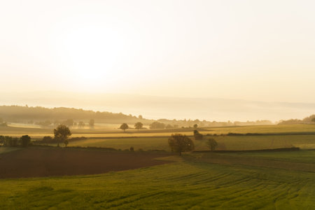 A panoramic view of a rural landscape bathed in the warm glow of the rising sun. Rolling green hills...