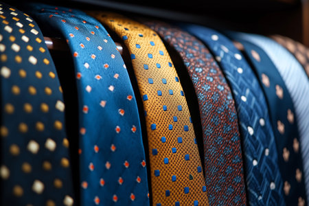 This close-up showcases a stunning array of ties with unique patterns and textures. The vibrant colors and designs highlight the artistry in formal accessories, perfect for any stylish occasion.の素材