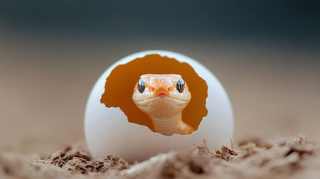A tiny snake's head peers out of a broken eggshell, showing the beauty of new life. The soft earth surrounds it, emphasizing the fragile beginnings of this reptile's journey.の素材