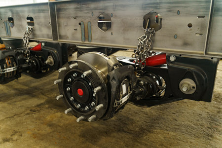 Close-up of a robust axle assembly, showing intricate mechanical components and connections.の写真素材