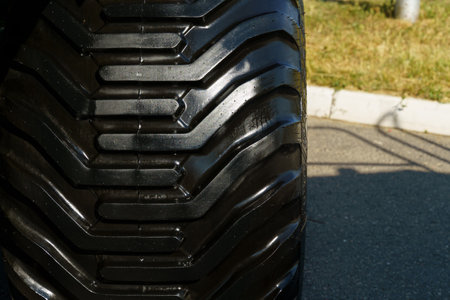 A detailed view of a tire tread reveals its unique design, showing the grooves and patterns. The...