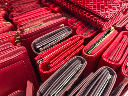A rich assortment of red wallets creates a striking visual tapestry. Each wallet showcases intricate textures and designs, inviting admiration and exploration.の写真素材