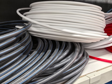 Various coiled wires in black, white, and red are organized in a storage area. Each coil is distinct in color and size, showcasing an efficient setup for electrical work.の写真素材