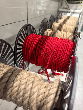 A vibrant arrangement of colorful twine spools in a craft store workshop. Red, natural, and textured materials line the shelves, inviting creativity from visitors.の写真素材