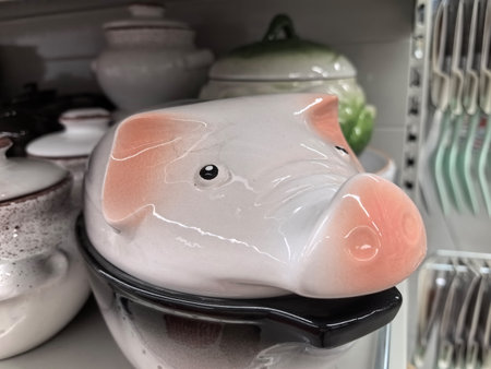 A whimsical ceramic container shaped like a pig sits on a shelf surrounded by various kitchenware. Its cute design adds charm to any cooking space. Perfect for storage or as a decorative piece.の写真素材