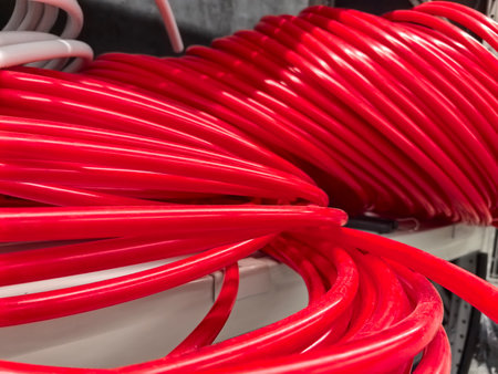 An assortment of vibrant red cables is meticulously coiled and organized on a shop shelf.の写真素材