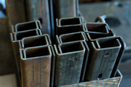 Rows of sturdy metal tubes stand in a workshop, showing their industrial texture and strength. The...
