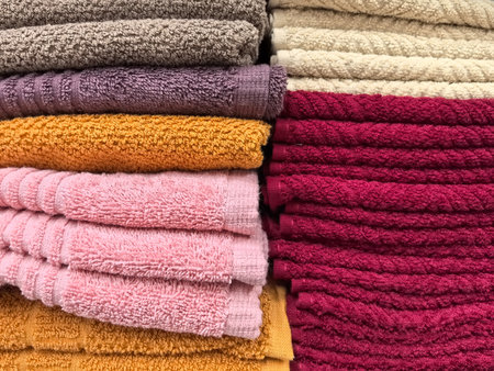 A delightful assortment of plush towels in various colors. The soft textures invite touch while creating a visually pleasing arrangement that adds warmth to any space.の写真素材