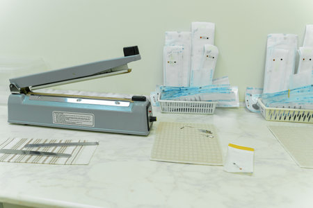 The workspace in a dental clinic features sterilization tools and neatly arranged dental...