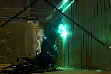 A skilled welder works intently in a dimly lit workshop, creating bright sparks as they fuse metal pieces together. The focused atmosphere showcases the artistry of metal welding.の写真素材