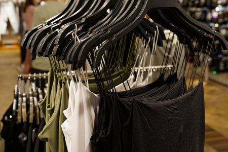 Colorful tank tops hang neatly on black hangers within a vibrant retail environment. Shoppers browse...