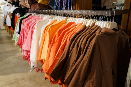 Brightly colored shirts hang neatly on racks in a charming boutique. Various hues create an inviting atmosphere, enticing shoppers to browse and discover stylish options for their wardrobe.の写真素材