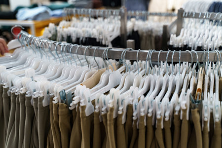Rows of pristine hangers display an array of pants, showcasing a variety of colors and styles in a modern retail environment during daytime shopping hours.の写真素材