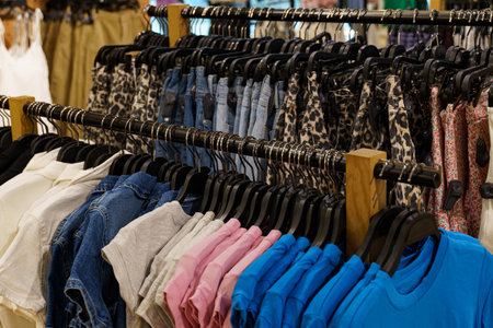 Hanging garments in a retail setting showcase a variety of styles and colors. The organized rack features denim, patterned leggings, and assorted shirts, inviting shoppers to explore.の写真素材