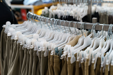 A collection of cream and gray garments hangs gracefully on white hangers in a chic boutique. The soft fabric textures invite touch, showcasing contemporary fashion.の写真素材