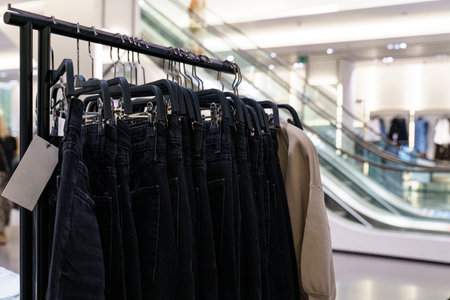 In a bright retail space, a rack holds stylish black jeans, showing their design against sleek interior elements. Customers browse nearby in a contemporary atmosphere.の写真素材