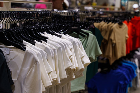 A vibrant array of casual t-shirts hangs neatly on racks, showing various colors and styles. Shoppers browse the clothing aisles, surrounded by an inviting retail atmosphere.の写真素材