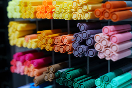Brightly colored markers line a shelf in a stationery store, showcasing a rainbow of hues from warm yellows to cool greens, inviting creativity and inspiring artistic projects.の写真素材