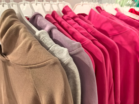 A vibrant assortment of casual tops, featuring shades of pink, gray, and brown, is neatly arranged on hangers in a stylish boutique. Soft textures invite a closer look.の写真素材