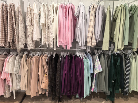 A vibrant display of various clothing items hanging neatly in a retail shop showcases pastel and earthy tones. The organized arrangement highlights diverse styles for all seasons.の写真素材