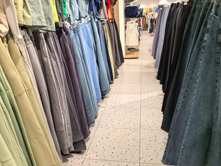 Vibrant clothing store features a neat rack showcasing various denim shorts. Each pair is neatly hung, inviting customers to explore trendy styles perfect for warm days.の写真素材