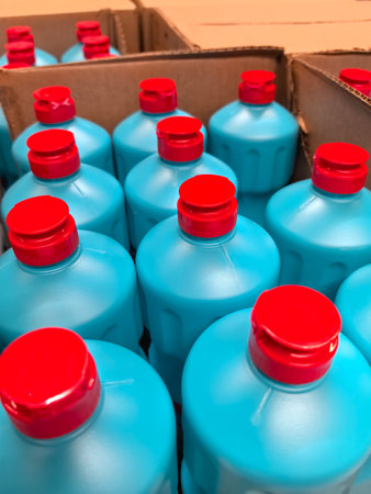 Bright blue bottles with red caps are neatly organized in cardboard boxes at a marketplace. This...