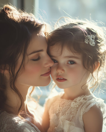 Soft pastel sunlight bathes a mother and daughter as they share an intimate moment of affection. Their bond radiates warmth and love, capturing the essence of family connection.の素材