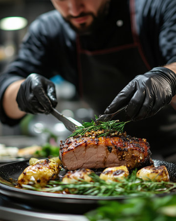 In a bustling kitchen, a skilled chef meticulously garnishes a beautifully cooked piece of meat with fresh herbs.の素材