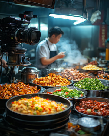 A crew documents a chef skillfully preparing an array of colorful dishes in a lively kitchen. The air is filled with steam and aromatic scents, showcasing culinary talent.の素材