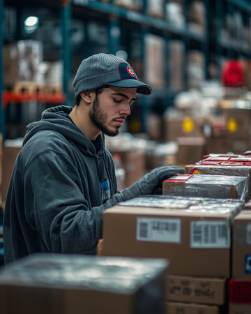In a bustling factory setting, a dedicated worker meticulously assembles products, showcasing skill and concentration. The environment is filled with boxes and bustling activity.の素材