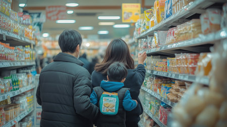 In a bustling grocery store, a family compares prices while shopping. The parents help each other while keeping an eye on their young child, who is eagerly exploring nearby shelves.の素材