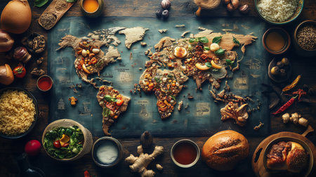 A creative culinary map showcases world cuisines with a special emphasis on China's rich flavors and diverse ingredients. Various global dishes intricately surround the highlighted region.の素材