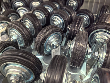 Rows of durable wheels rest on a metallic surface, showing their polished surfaces and sturdy construction. Ideal for moving heavy loads, these wheels exemplify craftsmanship in design.の写真素材