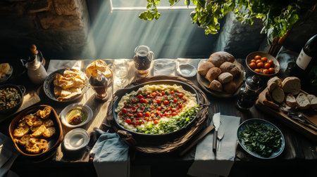 Rustic wooden table filled with a vibrant traditional Abruzzo dish, featuring fresh tomatoes, aromatic herbs, and crusty bread. The warm sunlight adds a cozy touch to this culinary masterpiece.の素材