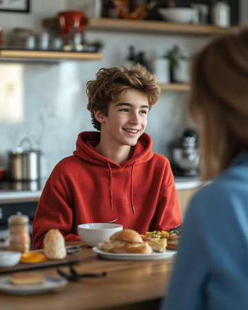 In a warm kitchen filled with natural light, a young boy in a bright red hoodie beams while enjoying breakfast with a friend. The scene radiates happiness and connection during a lovely morning.の素材