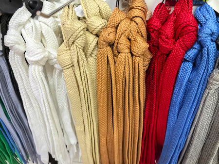 A vibrant array of ropes in various colors hangs in a craft store. The ropes showcase intricate knots and textures, inviting crafters to explore their creative possibilities.の写真素材