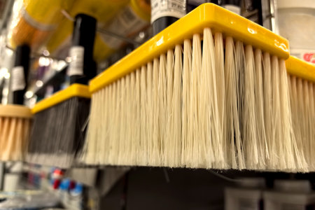 Colorful tools for applying paint hang neatly on store display.の写真素材