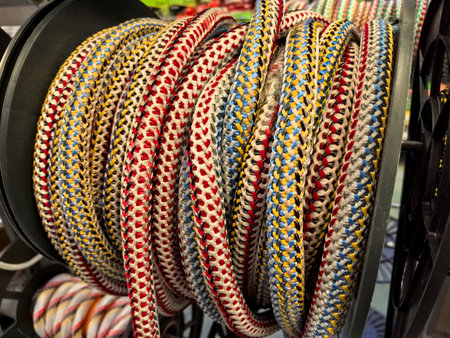A vibrant assortment of braided ropes is neatly arranged on a spool inside a busy hardware store. The textures and colors invite creativity and showcase various thicknesses for different uses.の写真素材