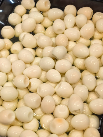 A bountiful collection of quail eggs rests in a glossy tray, reflecting light. Their pale shells suggest freshness, making them perfect for gourmet dishes and unique recipes.の写真素材