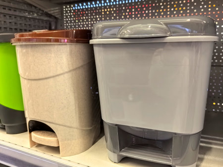 Brightly colored storage containers show variety and design, displayed neatly on a store shelf in a home section goods, showing practicality for every household.の写真素材