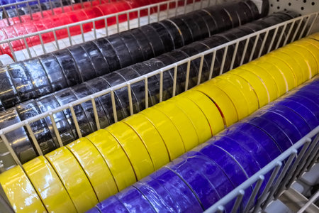 A bright assortment of tape in different colors is neatly arranged on shelves in the craft section of a store. The rolls have a glossy finish and are ideal for creative projects.の写真素材