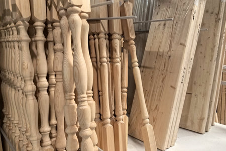 Sturdy wooden spindles and planks are neatly arranged in a craft workshop, radiating the raw beauty of natural wood. Craftsmen prepare these materials for artistic creations.の写真素材