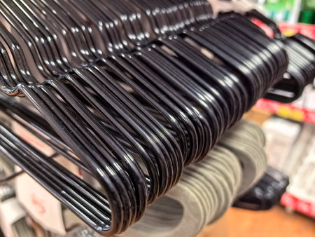A collection of black metal hangers is displayed in an organized manner on a store rack. The shiny surface reflects light as shoppers browse nearby, searching for clothing accessories.の写真素材