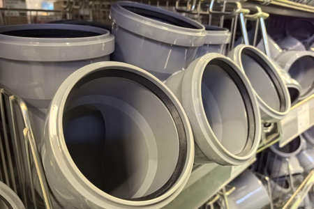 Rows of gray plumbing pipes sit organized on metal racks, showing various sizes and angles. Ideal for construction and DIY tasks, they await eager hands planning home improvements.の写真素材