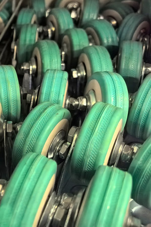 Rows of durable wheels rest on a metallic surface, showing their polished surfaces and sturdy...