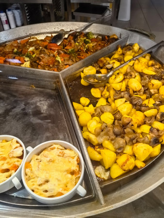 A colorful assortment of fresh vegetables, seasoned meats, and savory sides fills a large serving tray. Two bowls hold creamy pasta, creating a feast that's inviting and satisfying.の写真素材