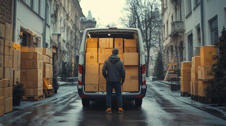 A person stands at the rear doors of a cargo van, surrounded by stacks of boxes on a wet street. The cloudy morning adds to the busy atmosphere as reloading begins in a city setting.の素材