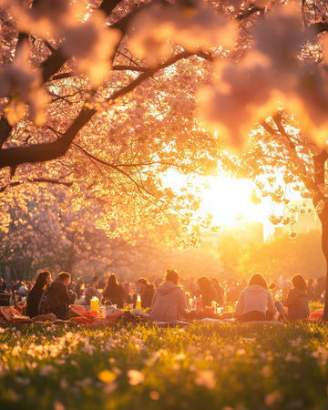 People gather in a sunlit park, enjoying a delightful spring celebration under cherry blossoms. Laughter and joy fill the air as friends share a festive meal together.の素材